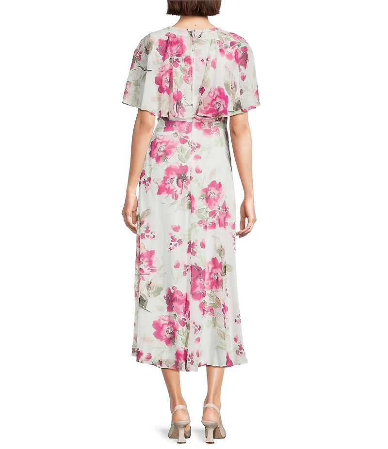Calvin Klein Floral Print Crinkle Chiffon Round Neck Short Flutter Sleeve Dress