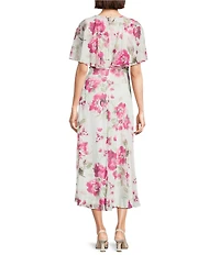 Calvin Klein Floral Print Crinkle Chiffon Round Neck Short Flutter Sleeve Dress