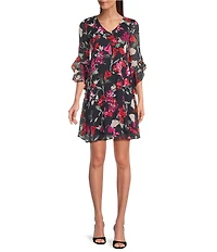 Calvin Klein Floral Print Crinkle Chiffon V-Neck 3/4 Bell Sleeve Dress