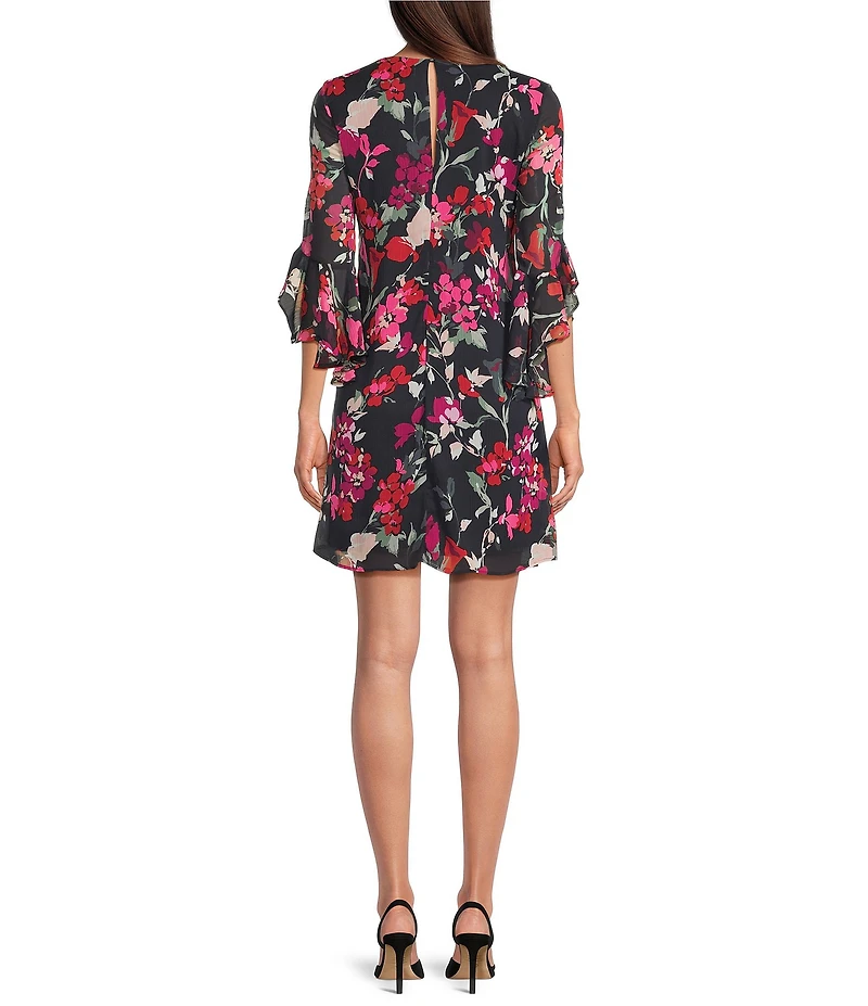 Calvin Klein Floral Print Crinkle Chiffon V-Neck 3/4 Bell Sleeve Dress