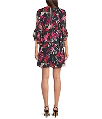 Calvin Klein Floral Print Crinkle Chiffon V-Neck 3/4 Bell Sleeve Dress