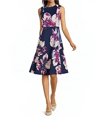 Calvin Klein Floral Print Heavy Weight Scuba Round Neck Sleeveless A-Line Dress