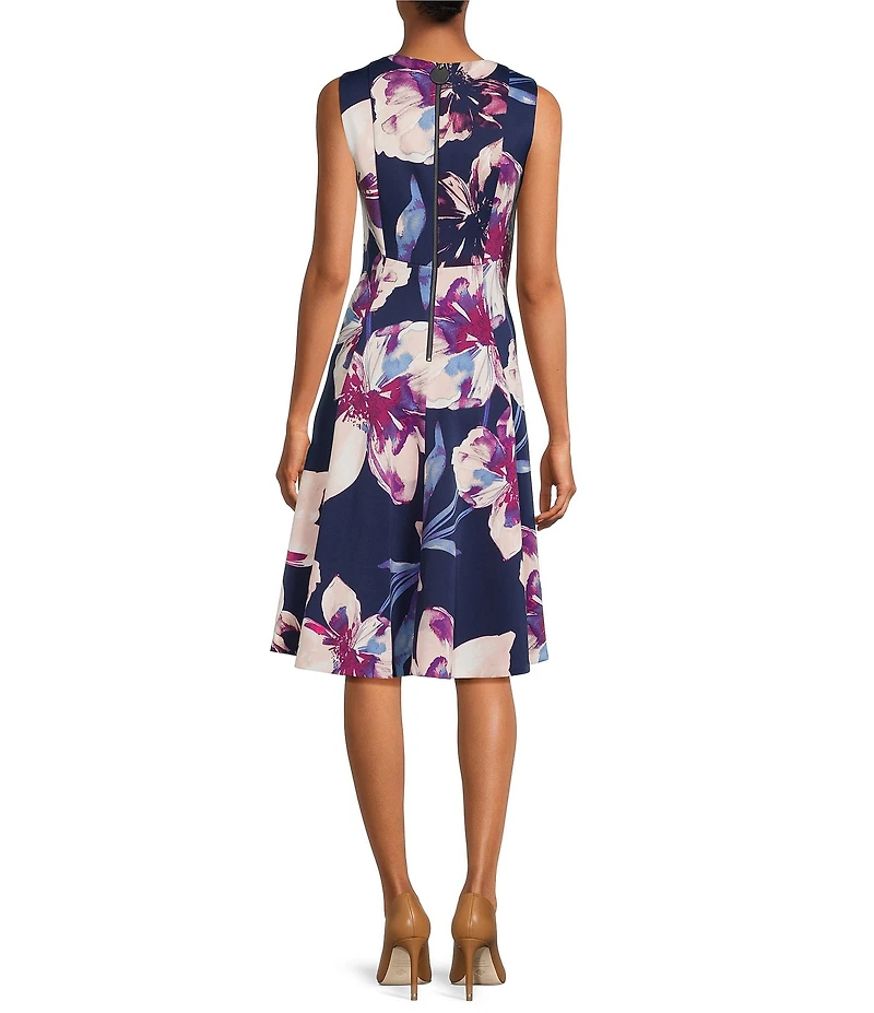 Calvin Klein Floral Print Heavy Weight Scuba Round Neck Sleeveless A-Line Dress