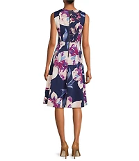 Calvin Klein Floral Print Heavy Weight Scuba Round Neck Sleeveless A-Line Dress