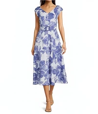 Calvin Klein Floral Print Heavy Weight Scuba V-Neck Cap Sleeve Belted Midi Dress