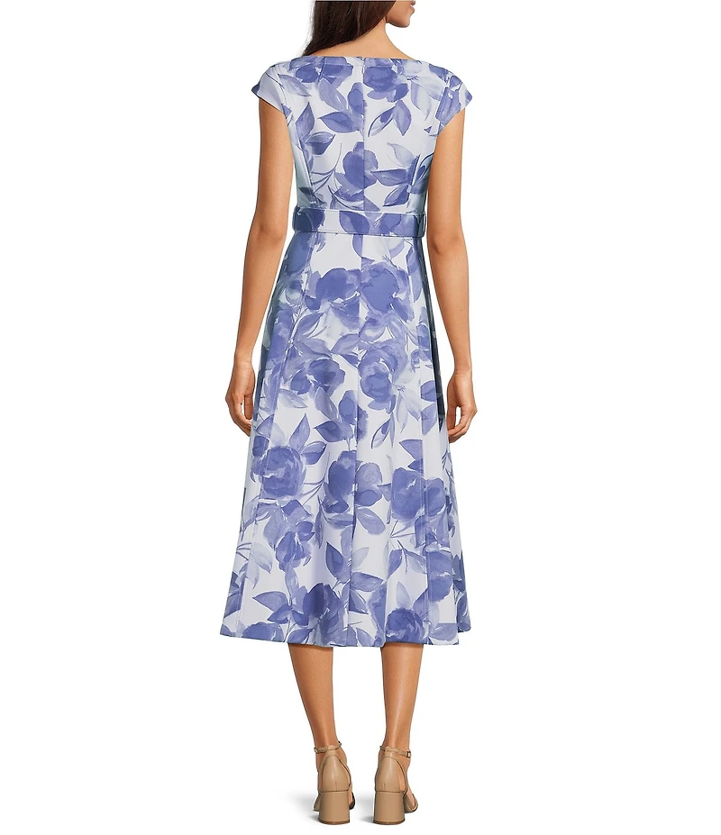 Calvin Klein Floral Print Heavy Weight Scuba V-Neck Cap Sleeve Belted Midi Dress