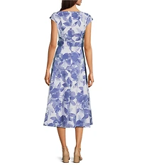 Calvin Klein Floral Print Heavy Weight Scuba V-Neck Cap Sleeve Belted Midi Dress