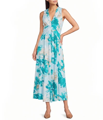 Calvin Klein Floral Print Knot Detail Matte Jersey Sleeveless V-Neck Midi Dress