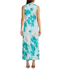 Calvin Klein Floral Print Knot Detail Matte Jersey Sleeveless V-Neck Midi Dress