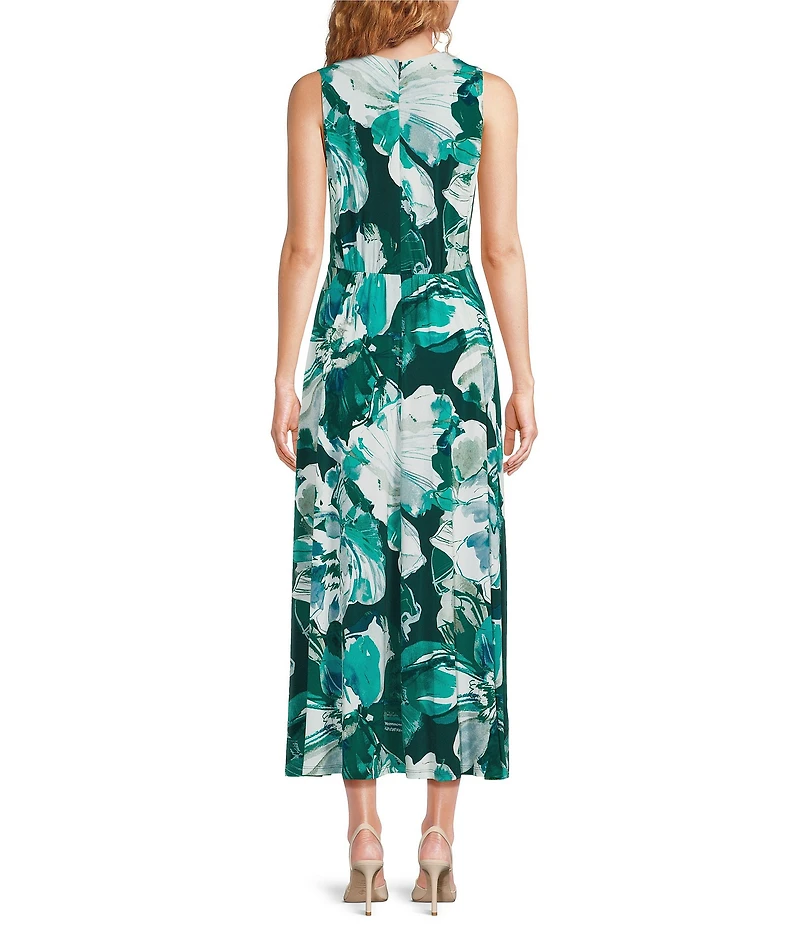 Calvin Klein Floral Print Matte Jersey V-Neck Sleeveless Midi Dress