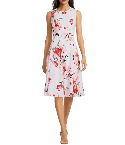 Calvin Klein Floral Print Scuba Crepe Round Neck Sleeveless Dress