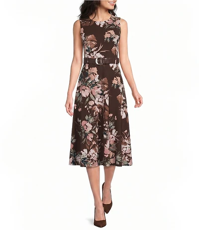Calvin Klein Floral Print Scuba Crepe Sleeveless Midi Dress