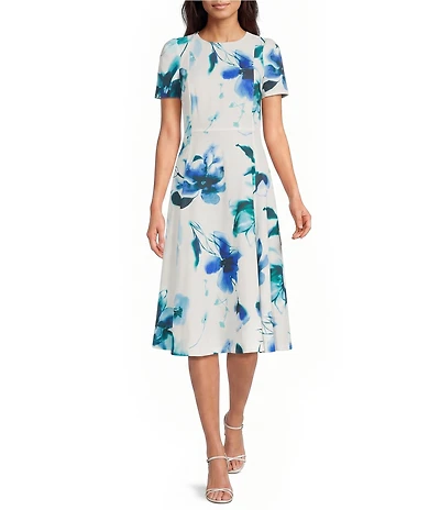 Calvin Klein Floral Print Short Sleeve Crew Neck Dress