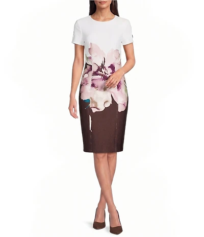 Calvin Klein Floral Print Short Sleeve Crew Neck Sheath Dress