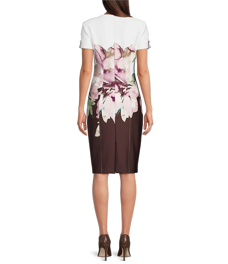 Calvin Klein Floral Print Short Sleeve Crew Neck Sheath Dress