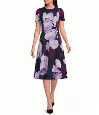 Calvin Klein Floral Print Short Sleeve Fit & Flare Knee Length Dress