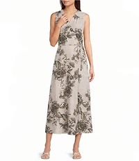 Calvin Klein Floral Print Sleeveless Faux Wrap Gauze Midi Dress
