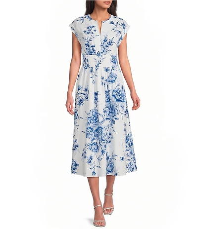 Calvin Klein Floral Print V-Neck Cotton Poplin Midi Dress