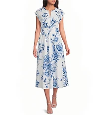 Calvin Klein Floral Print V-Neck Cotton Poplin Midi Dress