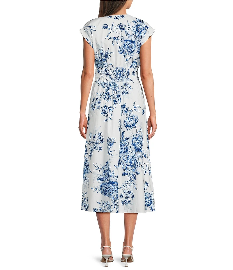 Calvin Klein Floral Print V-Neck Cotton Poplin Midi Dress