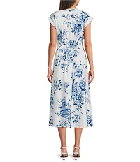 Calvin Klein Floral Print V-Neck Cotton Poplin Midi Dress