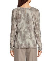 Calvin Klein Floral Printed Chiffon Pleated Crew Neck Long Sleeve Blouse