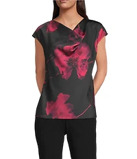 Calvin Klein Floral Satin Drape Neck Cap Sleeve Top