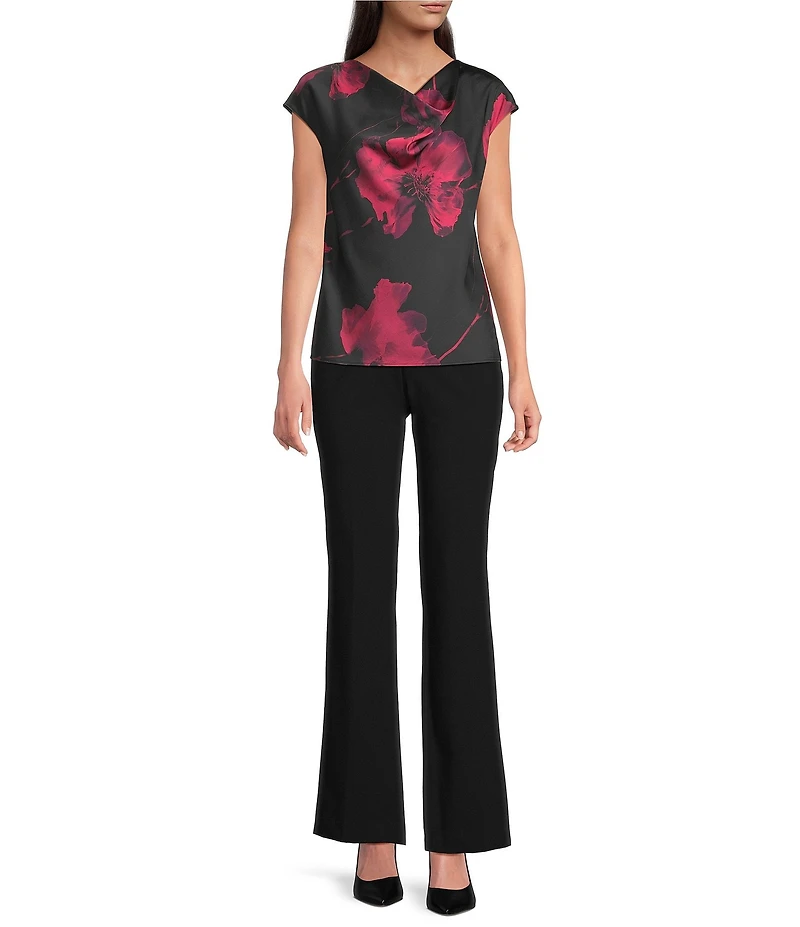Calvin Klein Floral Satin Drape Neck Cap Sleeve Top