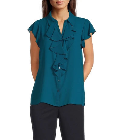 Calvin Klein Flutter Sleeve Collared Ruffle Button Front Blouse
