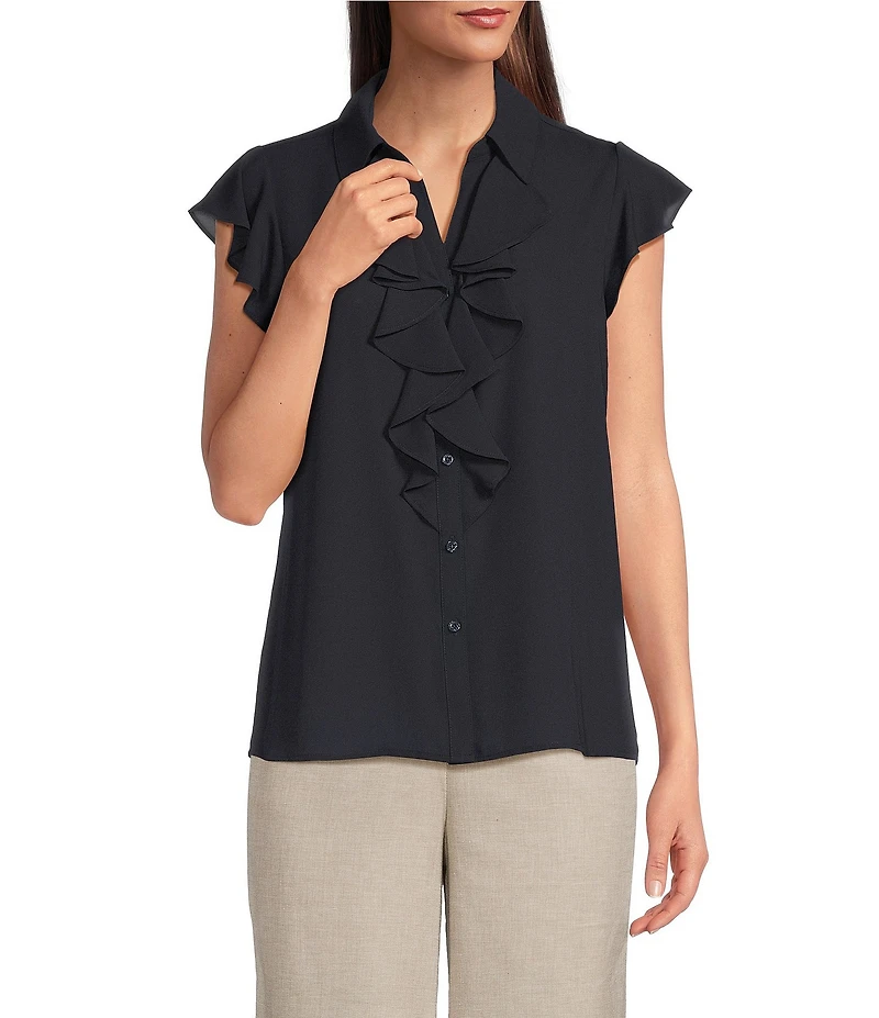 Calvin Klein Flutter Sleeve Collared Ruffle Button Front Blouse