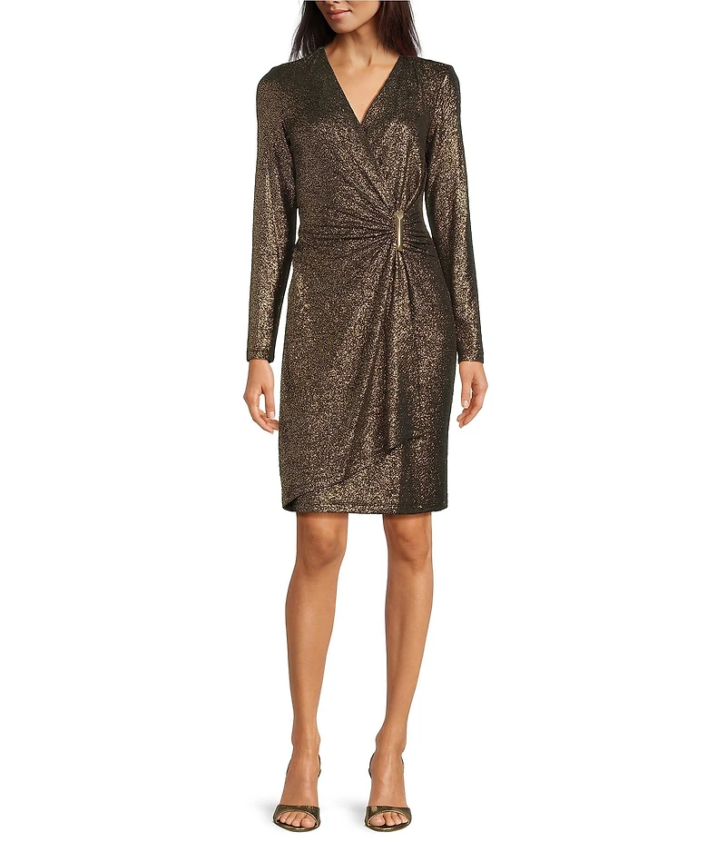 Calvin Klein Foil Glitter Knit V-Neck Long Sleeve Faux Wrap Dress
