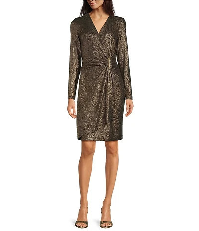 Calvin Klein Foil Glitter Knit V-Neck Long Sleeve Faux Wrap Dress