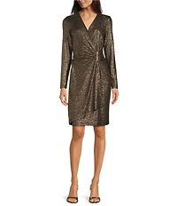Calvin Klein Foil Glitter Knit V-Neck Long Sleeve Faux Wrap Dress