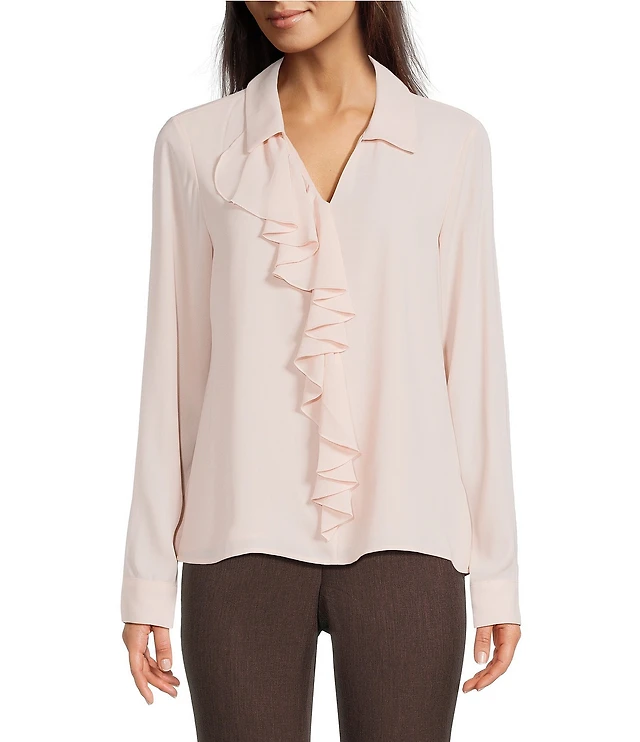 Kasper Floral Print Chiffon Long Sleeve Ruffle Front Blouse