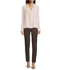 Calvin Klein Georgette Collared V-Neck Long Sleeve Ruffle Front Blouse
