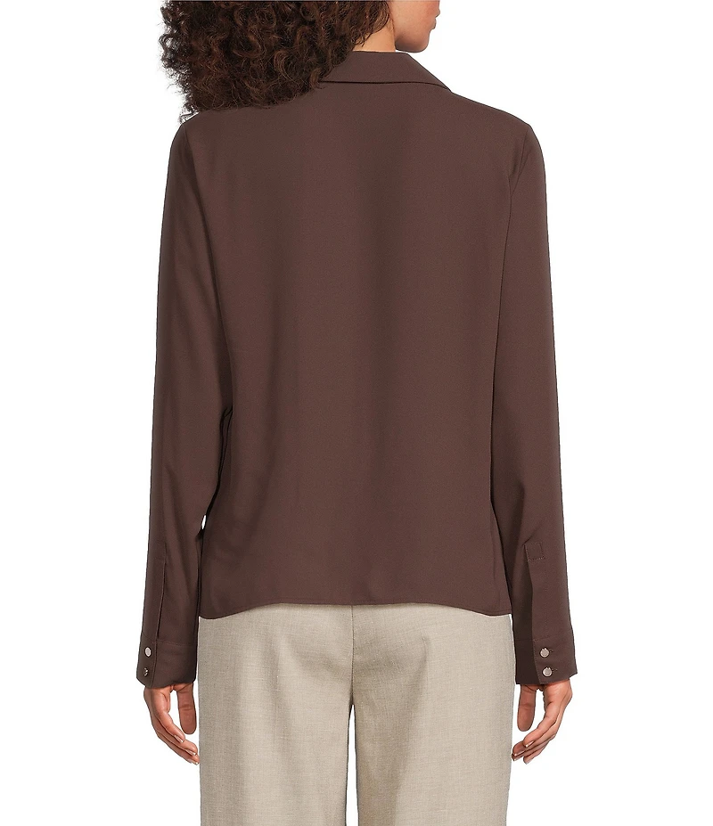 Calvin Klein Georgette Collared V-Neck Long Sleeve Ruffle Front Blouse