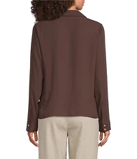 Calvin Klein Georgette Collared V-Neck Long Sleeve Ruffle Front Blouse