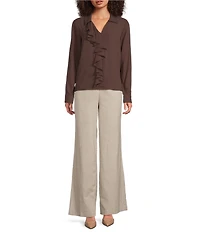 Calvin Klein Georgette Collared V-Neck Long Sleeve Ruffle Front Blouse