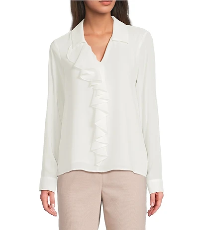 Calvin Klein Georgette Collared V-Neck Long Sleeve Ruffle Front Blouse