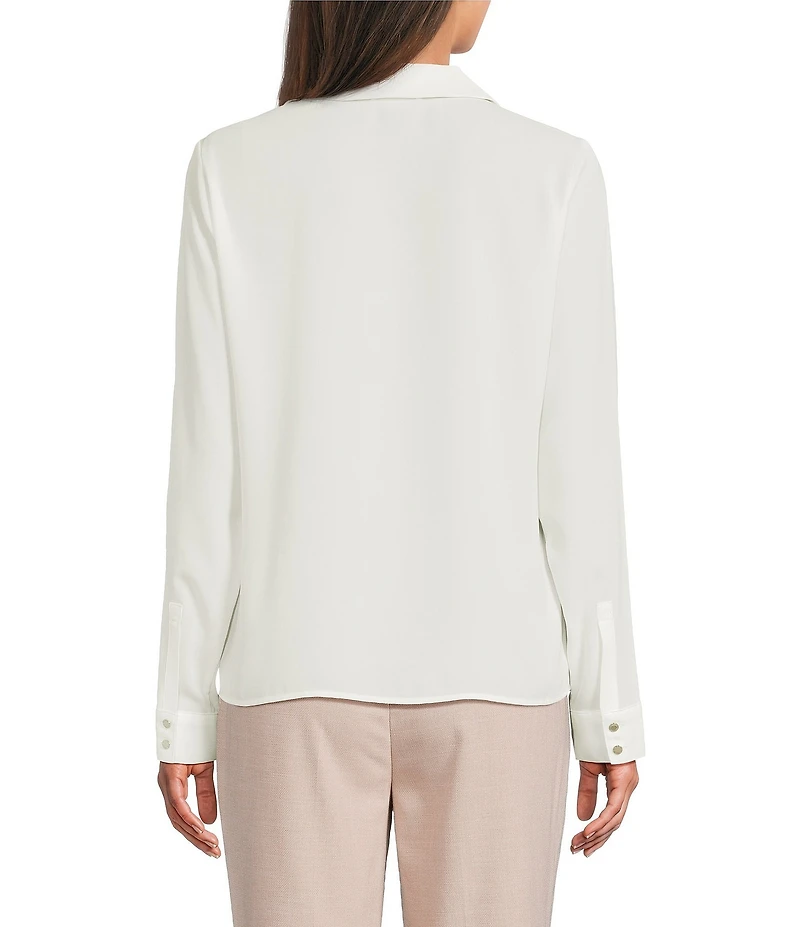 Calvin Klein Georgette Collared V-Neck Long Sleeve Ruffle Front Blouse