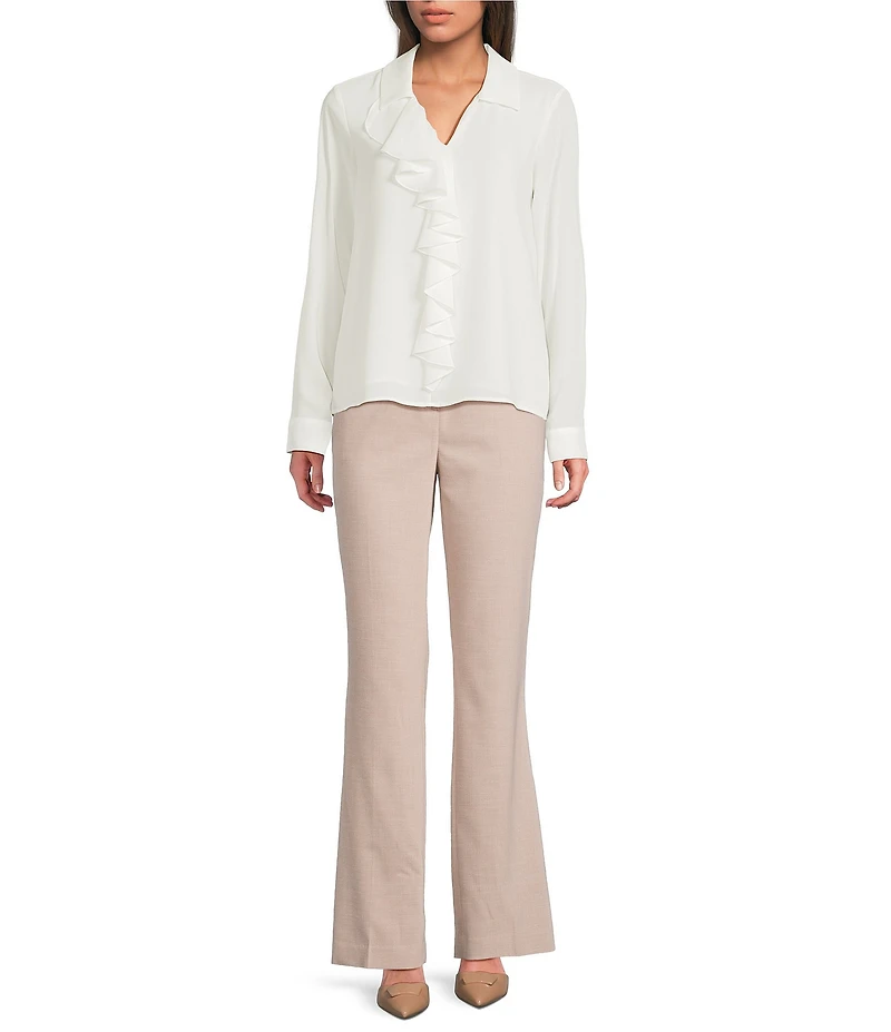 Calvin Klein Georgette Collared V-Neck Long Sleeve Ruffle Front Blouse