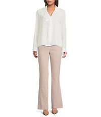 Calvin Klein Georgette Collared V-Neck Long Sleeve Ruffle Front Blouse