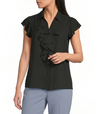 Calvin Klein Georgette Flutter Sleeve Collared Ruffle Button Front Blouse