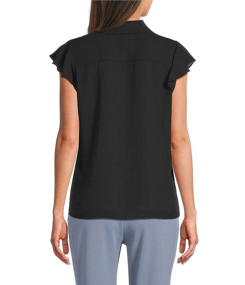 Calvin Klein Georgette Flutter Sleeve Collared Ruffle Button Front Blouse