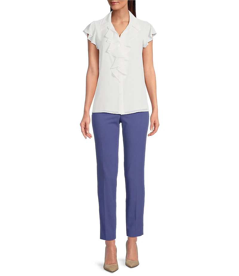 Calvin Klein Georgette Point Collar Cap Sleeve Ruffle Front Blouse