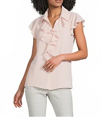 Calvin Klein Georgette Point Collar Cap Sleeve Ruffle Front Top