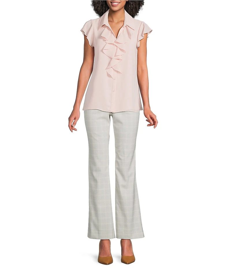 Calvin Klein Georgette Point Collar Cap Sleeve Ruffle Front Top