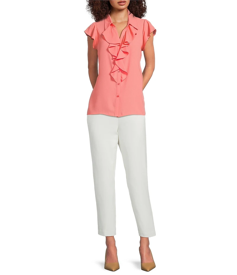 Calvin Klein Georgette Point Collar Cap Sleeve Ruffle Front Top