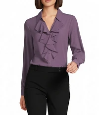 Calvin Klein Georgette Point Collar Long Sleeve Ruffle Button Front Top
