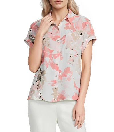 Calvin Klein Georgette Point Collar Short Sleeve Button Front Blouse